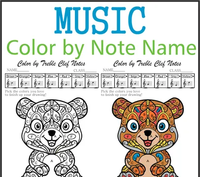 Music Coloring by Treble Clef Note Names Sheet | Mandala Style | Cute Bear