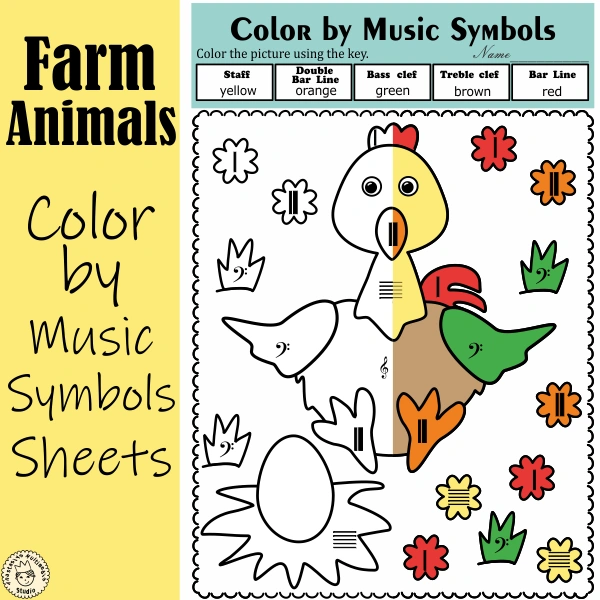 Farm Animal Themed Music Symbol Coloring Sheets for Kids