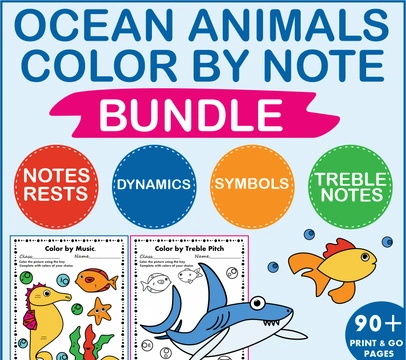 Ocean Animals Music Coloring Pages & Worksheets Bundle