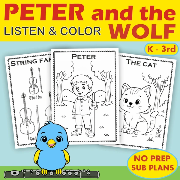 Peter and the Wolf Listen & Color Music Worksheets | No Prep Sub Plans | K–3