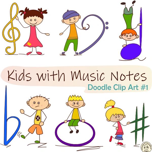 Kids with Music Notes and Symbols Doodle Clipart #1