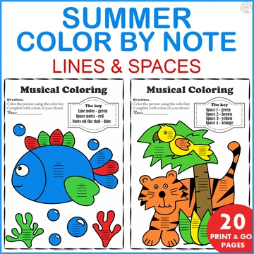Musical Coloring pages for Summer {Color by Lines and Spaces} with answers