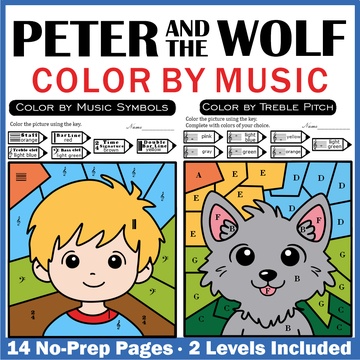 Music Color by Notes & Symbols Worksheets - Peter and the Wolf Music Sub Plans