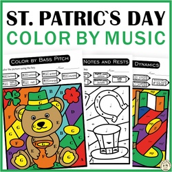 Image for St. Patrick`s Day Music Color by Code Pages | Notes Rests Dynamics Treble & Bass product