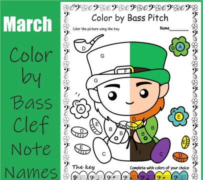 St. Patrick`s Day Music Coloring Pages | Color by Bass Clef Note Names