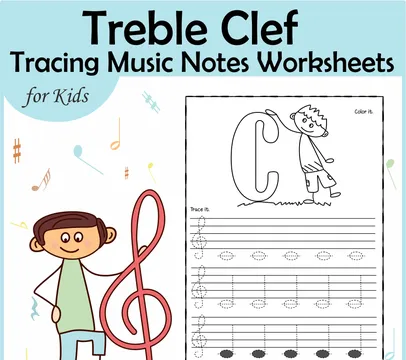 Tracing Music Notes Worksheets for kids {Treble Clef}