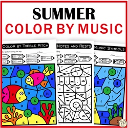 Image for Summer Music Color by Code Pages | Notes Rests Dynamics Treble & Bass product