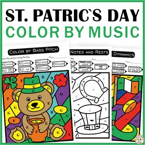 St. Patrick`s Day Music Color by Code Pages | Notes Rests Dynamics Treble & Bass