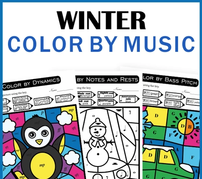 Winter Music Color by Code Pages | Notes Rests Dynamics Treble & Bass