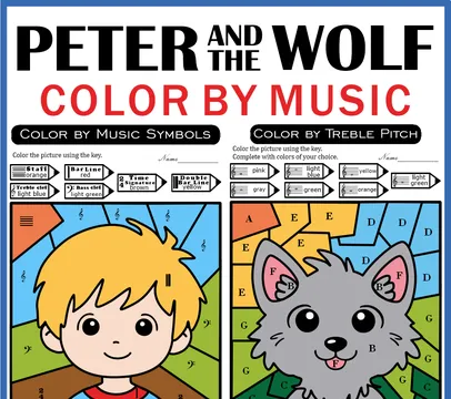 Music Color by Notes & Symbols Worksheets - Peter and the Wolf Music Sub Plans