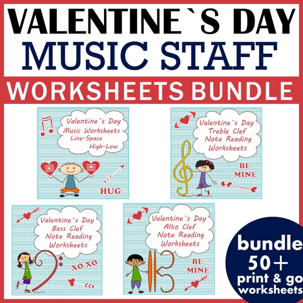 Valentine`s Day Music Staff Worksheets Bundle