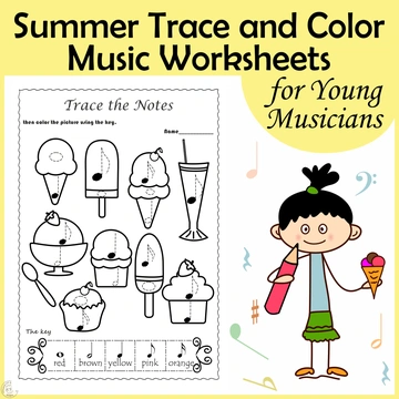 Summer Trace and Color Music Worksheets