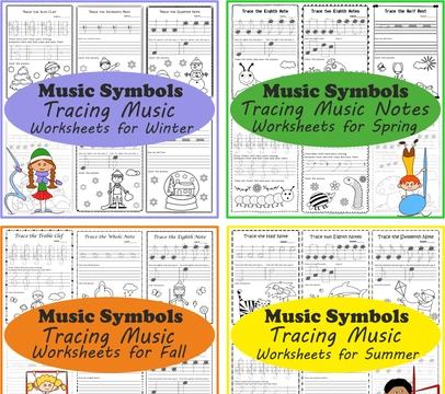 Music Notes and Symbols Tracing Worksheets Seasons Bundle