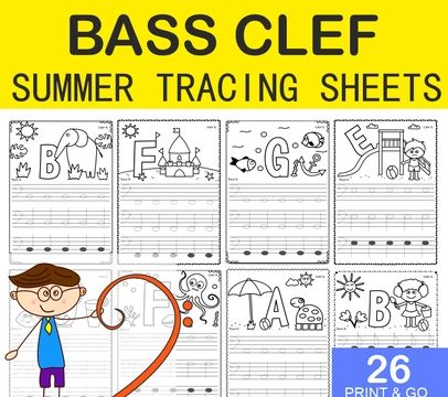 Bass Clef Tracing Music Notes Worksheets for Summer