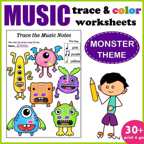 Halloween Monster Music Tracing & Coloring Pages