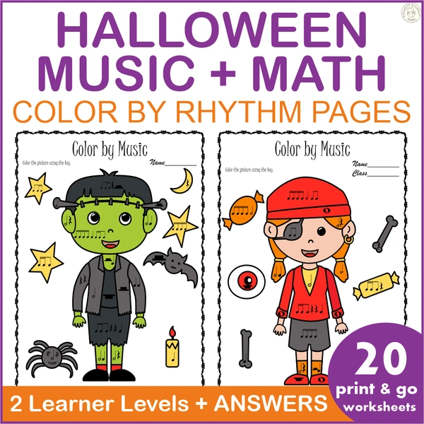 Halloween Music Math Worksheets | Color by Rhythm Note Values