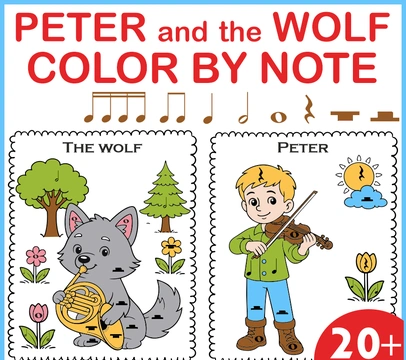 Peter and the Wolf Color by Note Music Worksheets | No Prep Sub Plans