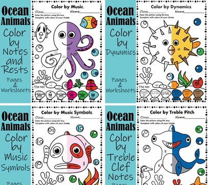 Ocean Animals Music Coloring Pages & Worksheets Bundle