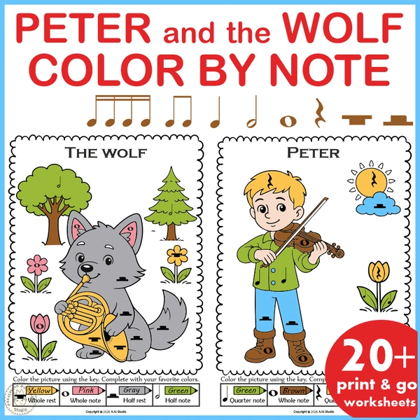 Peter and the Wolf Color by Note Music Worksheets | No Prep Sub Plans