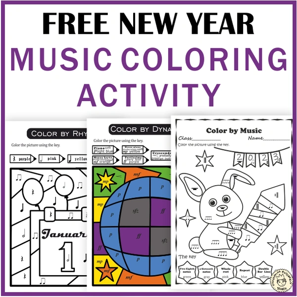 Free Happy New Year Themed Music Coloring Sheets