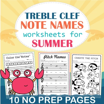 Treble Clef Note Naming Worksheets for Summer