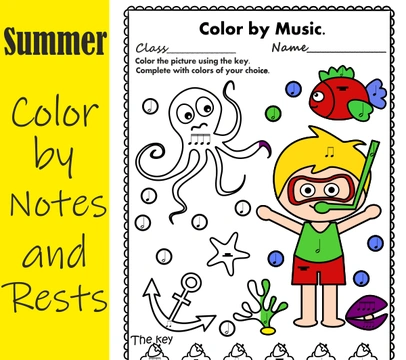 Summer Color by Notes and Rests Music Worksheets
