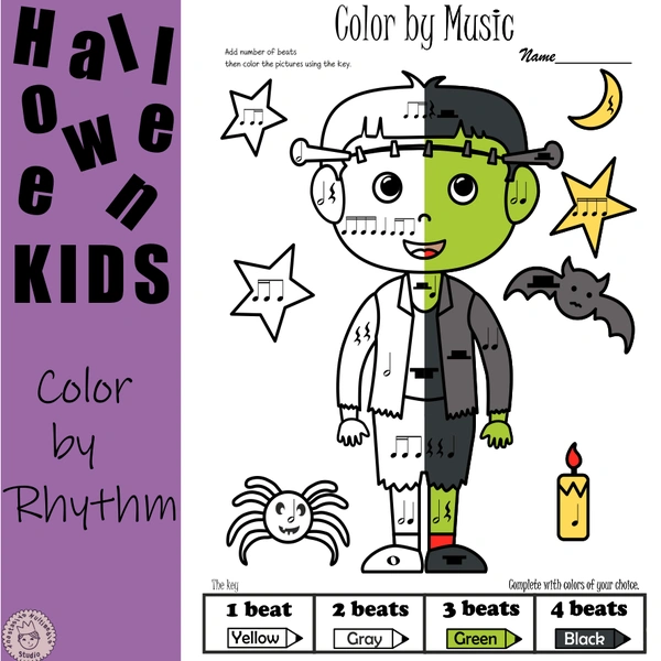 Kids in Halloween Costumes Color by Rhythm | Music Math Worksheets