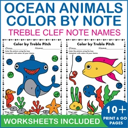 Image for Ocean Animals Color by Treble Clef Note Names Pages and Worksheets product