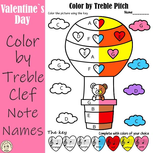 Valentine’s Day Music Color by Treble Clef Note Names Worksheets