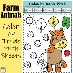 Image for Farm Animals Music Coloring Activities | Color by Treble Clef Note Names product