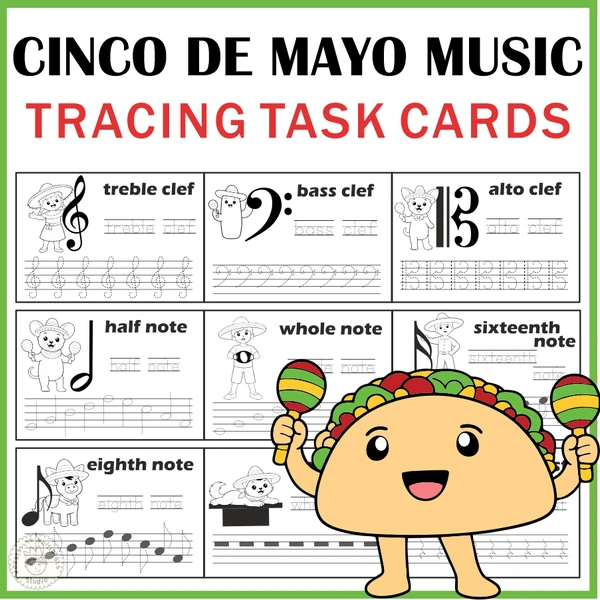 Cinco de Mayo Music Tracing Task Cards | Notes, Rests & Clefs Worksheets