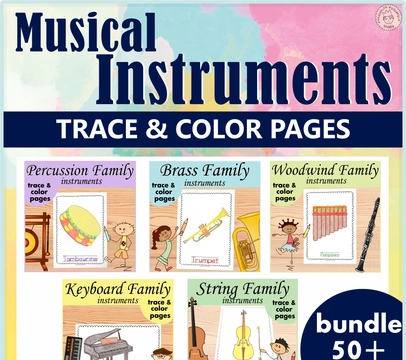 Musical Instruments Trace and Color Pages Pack
