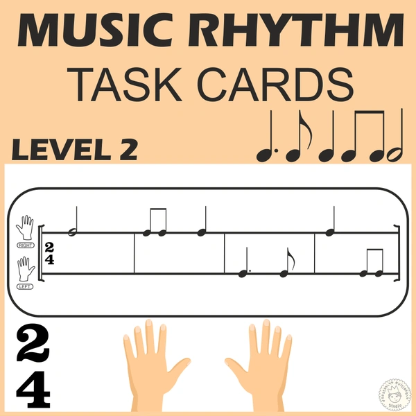 Music Rhythm Task Cards for Beginners | Level 2_ 2/4 Meter | Dotted Quarter Notes