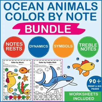 Ocean Animals Music Coloring Pages & Worksheets Bundle
