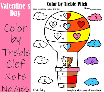 Valentine’s Day Music Color by Treble Clef Note Names Worksheets