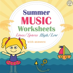 Image for Summer Music Worksheets {Lines/Spaces, High/Low} with answers product