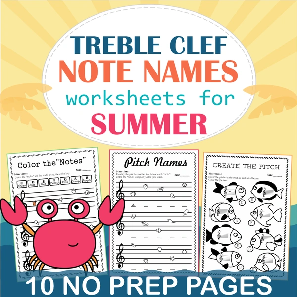 Treble Clef Note Naming Worksheets for Summer