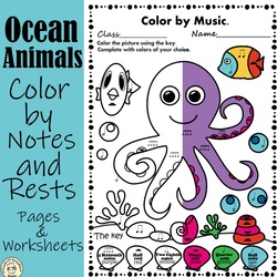 Image for Ocean Animals Music Coloring Pages & Worksheets | Color by Notes and Rests product