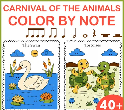 The Carnival of the Animals Color by Note Pages | Music Coloring Worksheets