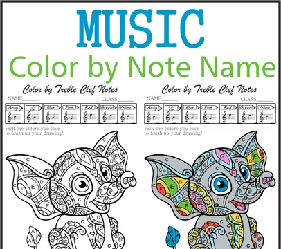 Music Coloring by Treble Clef Note Names Sheet | Mandala Style | Cute Elephant