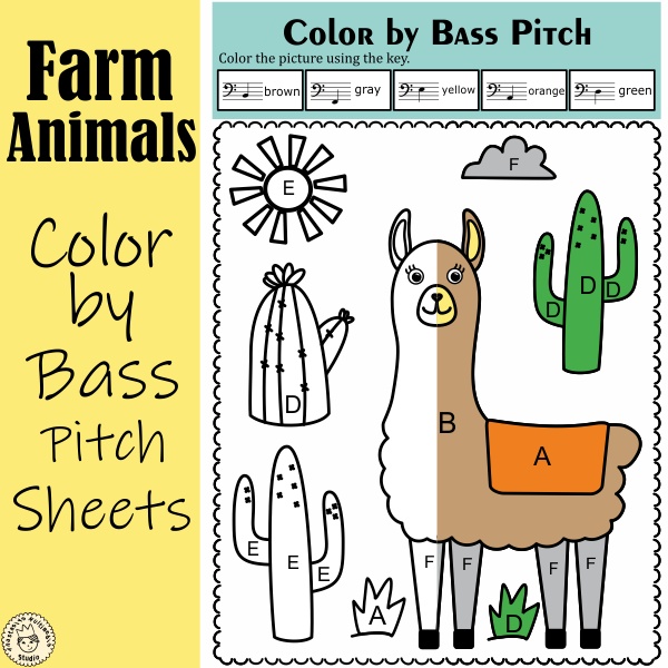 Farm Animals Music Coloring Sheets | Color by Bass Clef Note Names