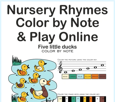 Five Little Ducks Nursery Rhythm | Online Music Game & Color By Note Whorksheet