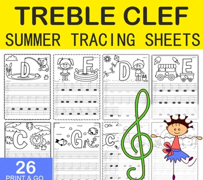 Treble Clef Tracing Music Notes Worksheets for Summer