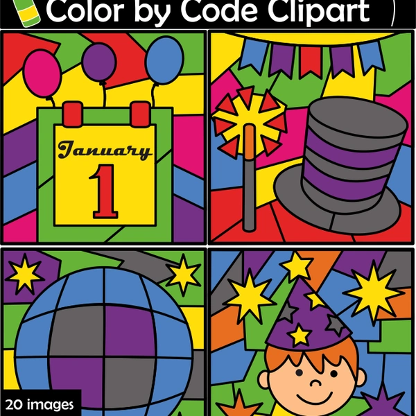 Happy New Year 2025 Color by Code Clipart