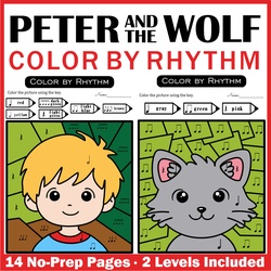 Image for Music Coloring by Rhythm Worksheets - Peter and the Wolf Music Sub Plans product