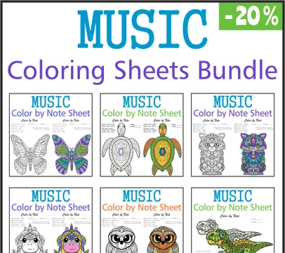 Music Coloring By Note Worksheets Bundle | Animals Mandala Style