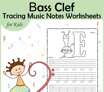 Tracing Music Notes Worksheets for kids {Bass Clef}