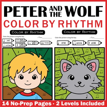 Music Coloring by Rhythm Worksheets - Peter and the Wolf Music Sub Plans
