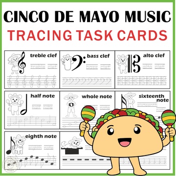Cinco de Mayo Music Tracing Task Cards | Notes, Rests & Clefs Worksheets