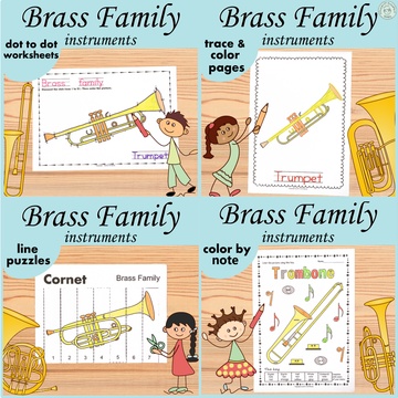 Brass Family Instruments Music Coloring Activities for Kids | Bundle